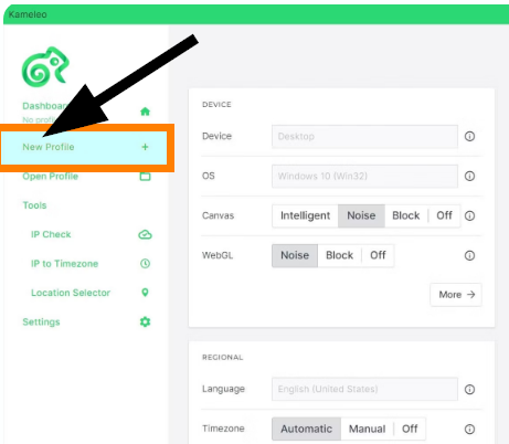 Creating a new profile in Kameleo